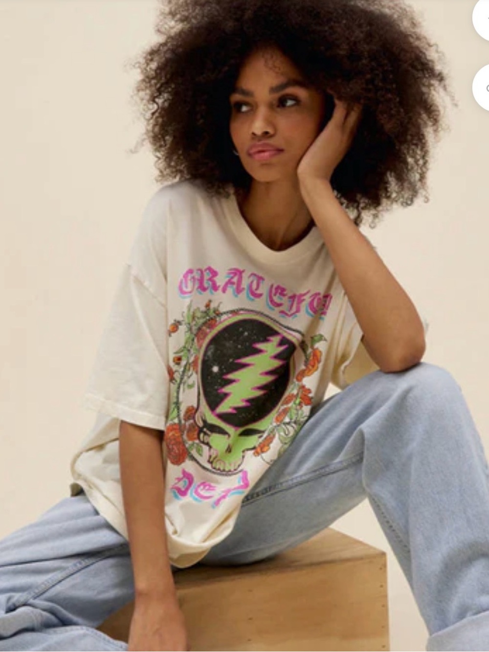 Daydreamer OS Grateful Dead tee Neon Skull and Lightning Bolt - Cream